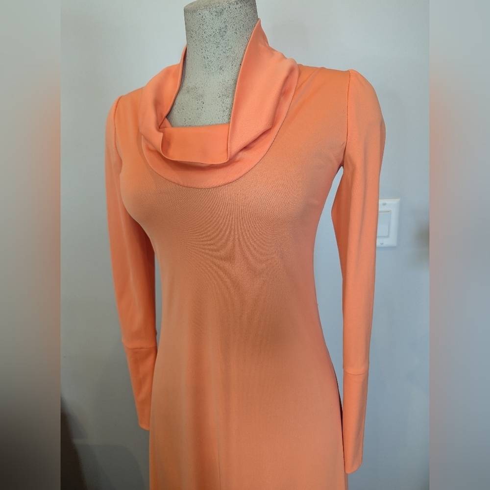 Vintage 1970s Coral Maxi Dress Bias Cut Cowl Neck Long Sleeve Retro Dress Size 6 - Picture 5 of 10